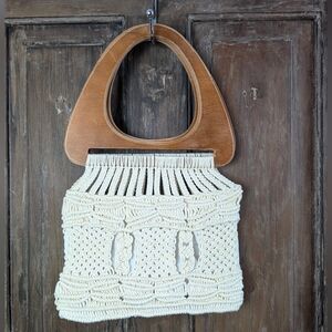 Vintage Handmade Macrame Purse Wood Handle Boho Festival Bag